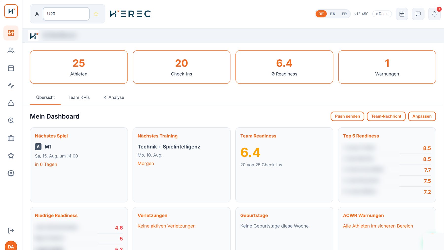 HEREC Trainer-Dashboard mit Kaderzahlen, Readiness und Warnungen